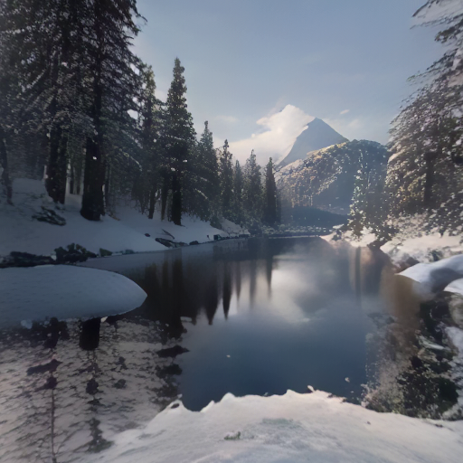 a serene snowy landscape with a still lake surrounded by snow-covered trees and mountains in the background